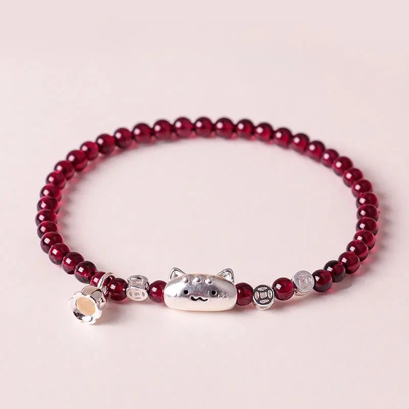 Fortune Jewel 999 Sterling Silver Natural Cute Cat Head Garnet Protection Bead Bracelet Fortune Jewel