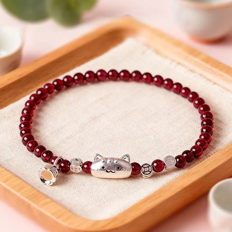 Fortune Jewel 999 Sterling Silver Natural Cute Cat Head Garnet Protection Bead Bracelet Fortune Jewel
