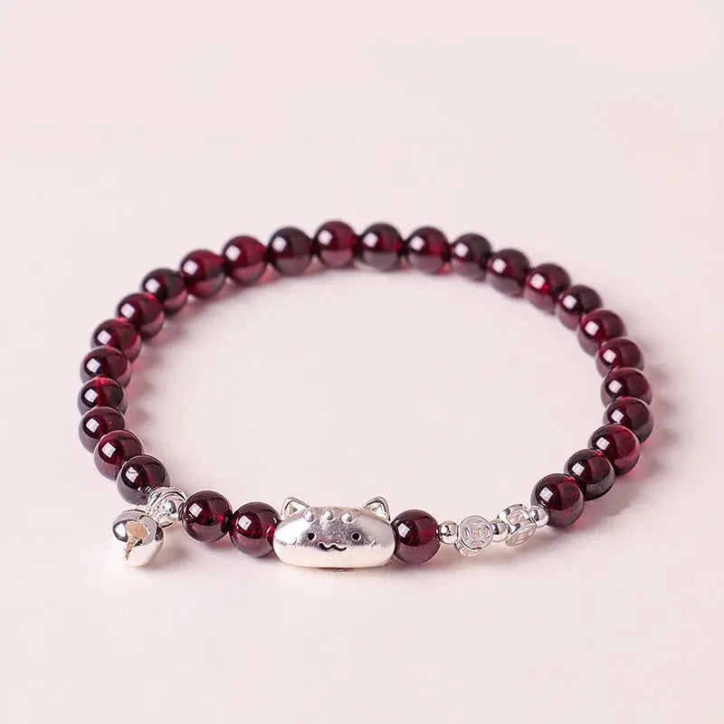 Fortune Jewel 999 Sterling Silver Natural Cute Cat Head Garnet Protection Bead Bracelet Fortune Jewel