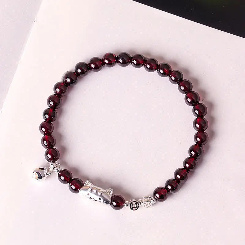 Fortune Jewel 999 Sterling Silver Natural Cute Cat Head Garnet Protection Bead Bracelet Fortune Jewel