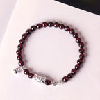 Fortune Jewel 999 Sterling Silver Natural Cute Cat Head Garnet Protection Bead Bracelet Fortune Jewel