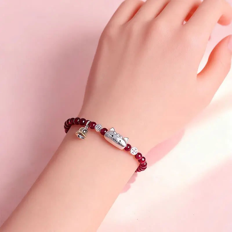 Fortune Jewel 999 Sterling Silver Natural Cute Cat Head Garnet Protection Bead Bracelet Fortune Jewel