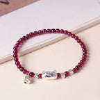 Fortune Jewel 999 Sterling Silver Natural Cute Cat Head Garnet Protection Bead Bracelet Fortune Jewel