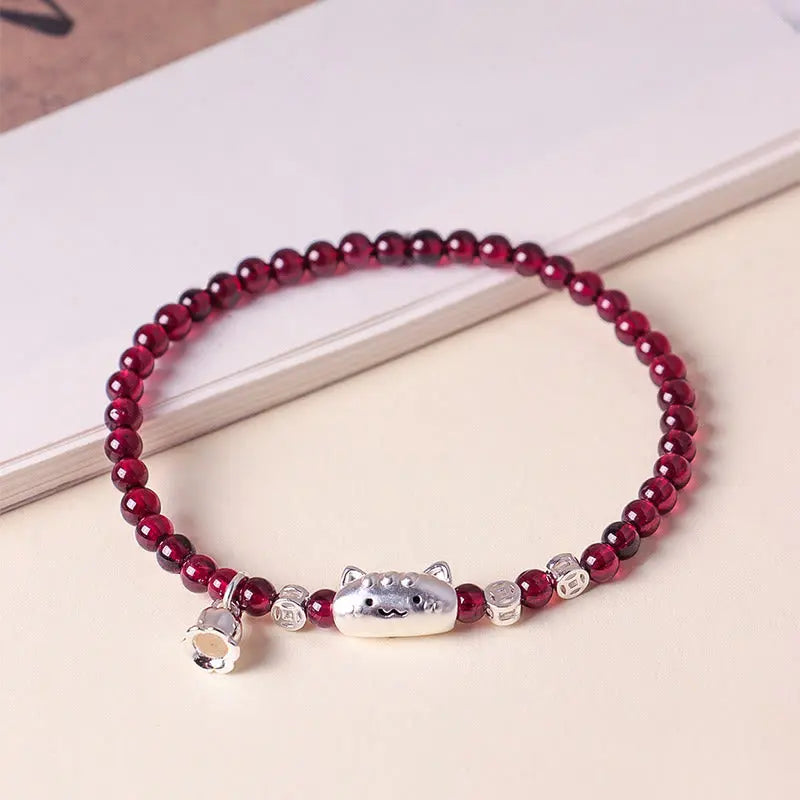 Fortune Jewel 999 Sterling Silver Natural Cute Cat Head Garnet Protection Bead Bracelet Fortune Jewel