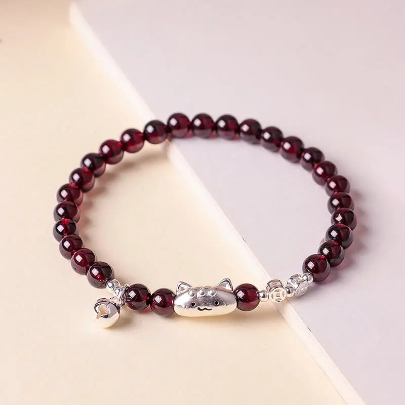 Fortune Jewel 999 Sterling Silver Natural Cute Cat Head Garnet Protection Bead Bracelet Fortune Jewel