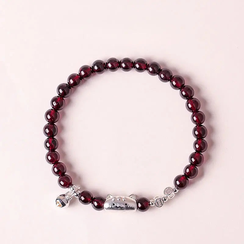 Fortune Jewel 999 Sterling Silver Natural Cute Cat Head Garnet Protection Bead Bracelet Fortune Jewel