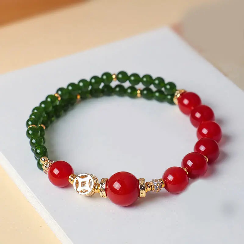 Fortune Jewel Natural Red Agate Double Wrap Design Green Chalcedony Calm Bracelet Fortune Jewel