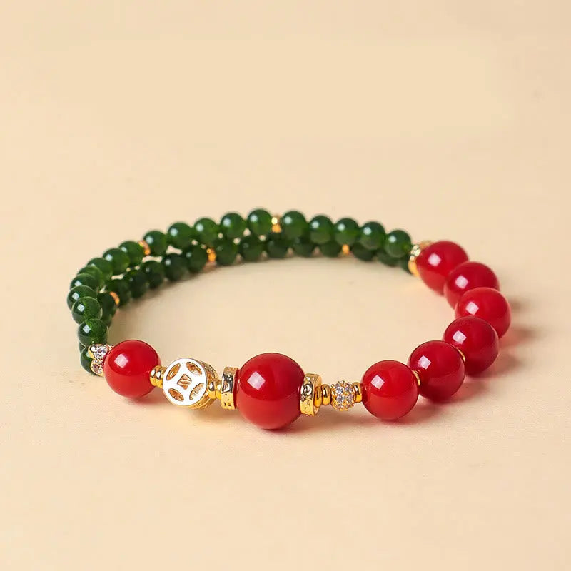 Fortune Jewel Natural Red Agate Double Wrap Design Green Chalcedony Calm Bracelet Fortune Jewel