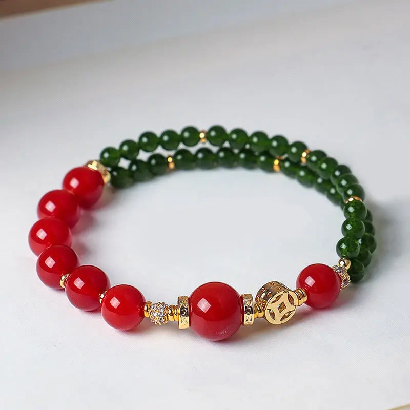 Fortune Jewel Natural Red Agate Double Wrap Design Green Chalcedony Calm Bracelet Fortune Jewel