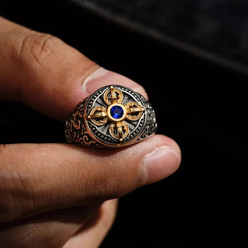 Fortune Jewel Tibetan Cross Design Vajra Auspicious Clouds Pattern Copper Adjustable Balance Ring Fortune Jewel
