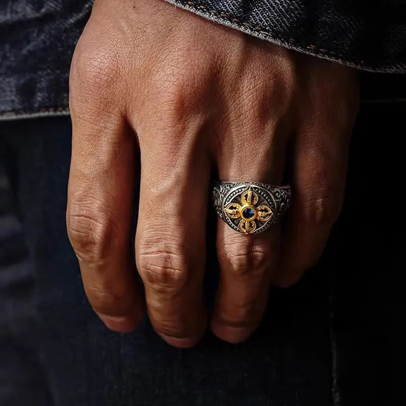 Fortune Jewel Tibetan Cross Design Vajra Auspicious Clouds Pattern Copper Adjustable Balance Ring Fortune Jewel