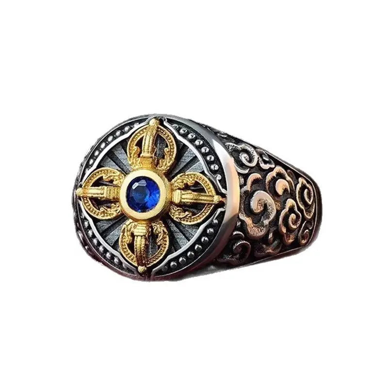 Fortune Jewel Tibetan Cross Design Vajra Auspicious Clouds Pattern Copper Adjustable Balance Ring Fortune Jewel