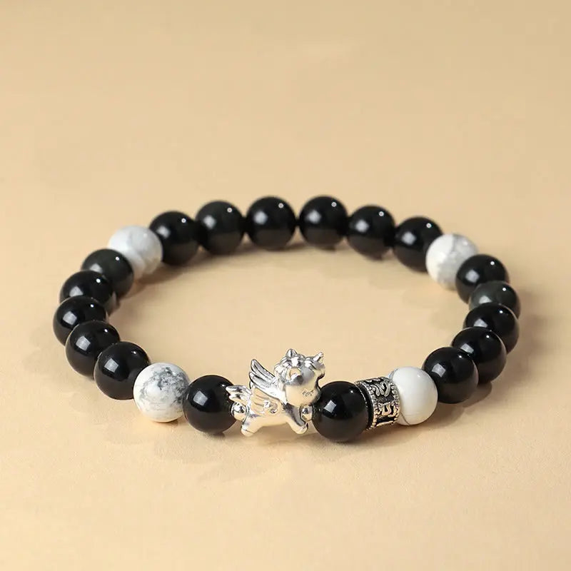Fortune Jewel 999 Sterling Silver Year Of The Horse Natural Black Obsidian Bodhi Seed Strength Bracelet Fortune Jewel