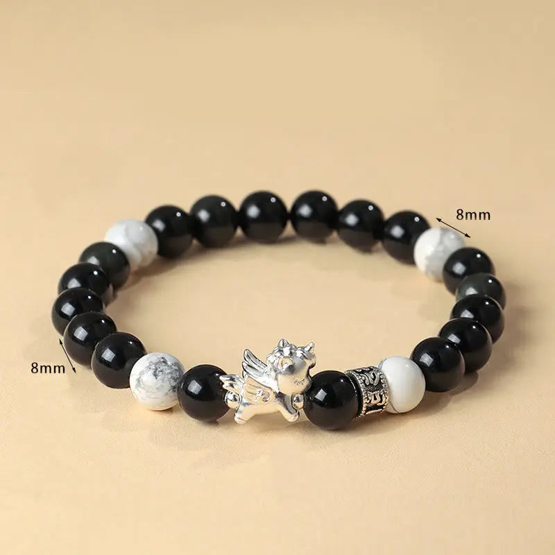 Fortune Jewel 999 Sterling Silver Year Of The Horse Natural Black Obsidian Bodhi Seed Strength Bracelet Fortune Jewel