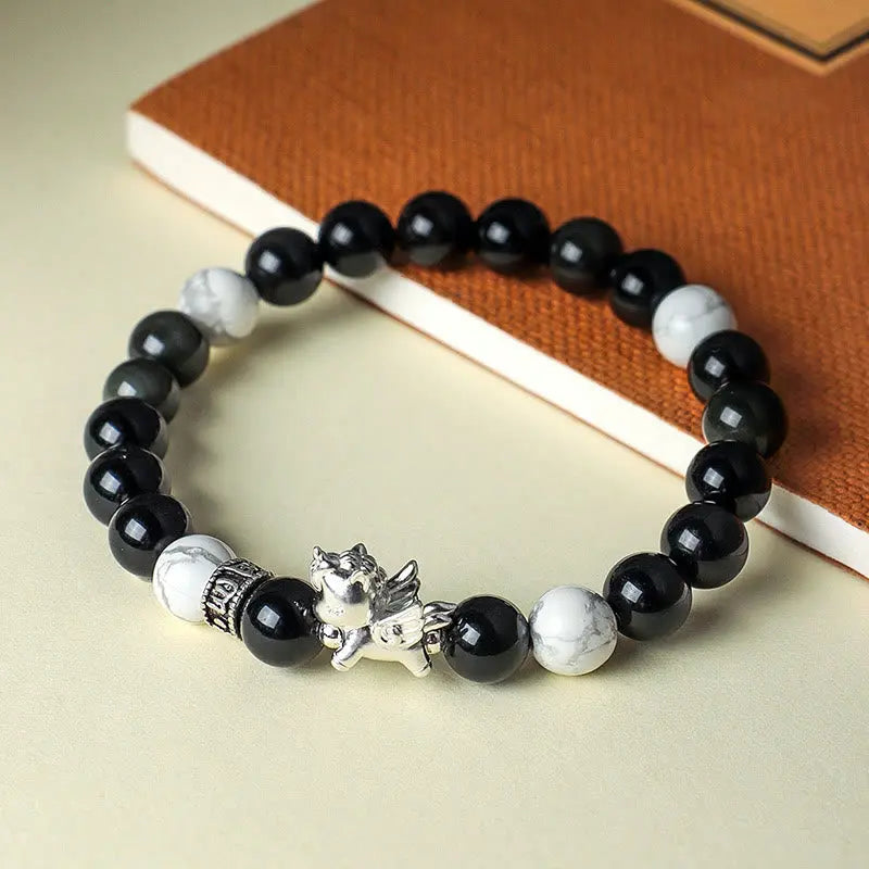 Fortune Jewel 999 Sterling Silver Year Of The Horse Natural Black Obsidian Bodhi Seed Strength Bracelet Fortune Jewel