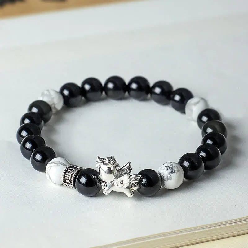 Fortune Jewel 999 Sterling Silver Year Of The Horse Natural Black Obsidian Bodhi Seed Strength Bracelet Fortune Jewel
