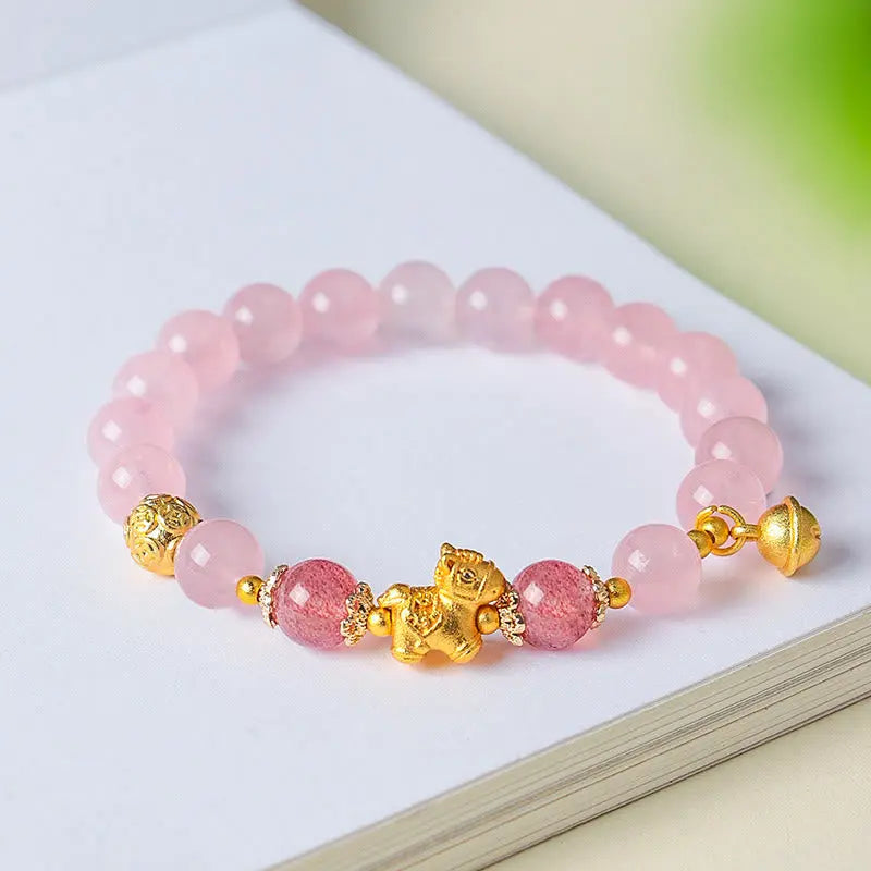 Fortune Jewel Year Of The Horse 8mm Citrine Pink Crystal Strawberry Quartz Protection Bracelet Fortune Jewel