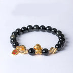 Buddha Stones Year Of The Horse Natural 8mm Black Obsidian Red Agate Pink Crystal Strength Bracelet Fortune Jewel