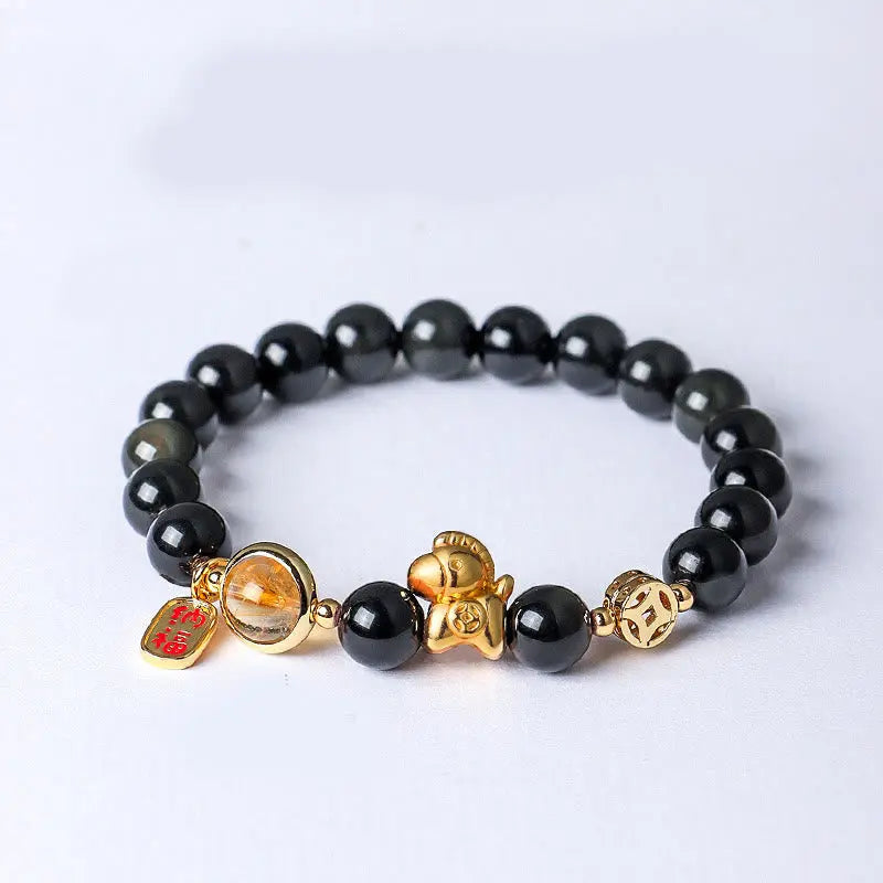 Buddha Stones Year Of The Horse Natural 8mm Black Obsidian Red Agate Pink Crystal Strength Bracelet Fortune Jewel