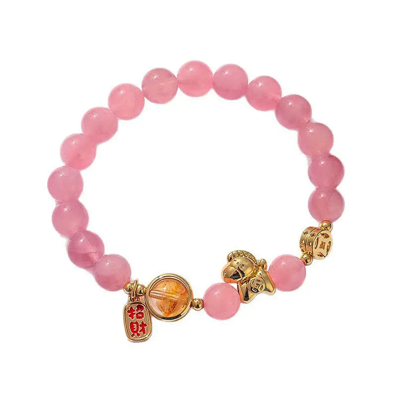 Buddha Stones Year Of The Horse Natural 8mm Black Obsidian Red Agate Pink Crystal Strength Bracelet Fortune Jewel