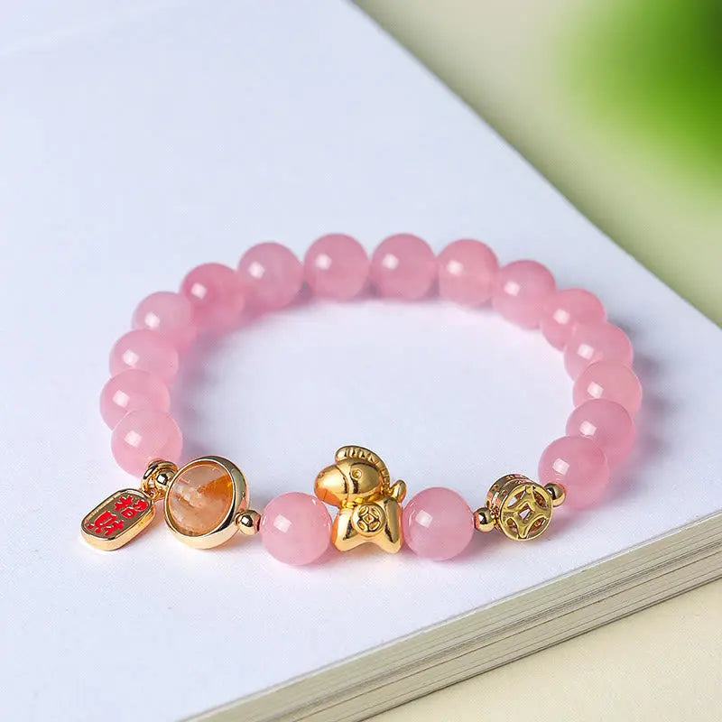 Buddha Stones Year Of The Horse Natural 8mm Black Obsidian Red Agate Pink Crystal Strength Bracelet Fortune Jewel