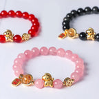 Buddha Stones Year Of The Horse Natural 8mm Black Obsidian Red Agate Pink Crystal Strength Bracelet Fortune Jewel