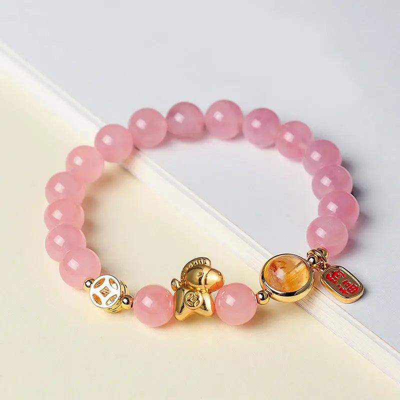Buddha Stones Year Of The Horse Natural 8mm Black Obsidian Red Agate Pink Crystal Strength Bracelet Fortune Jewel
