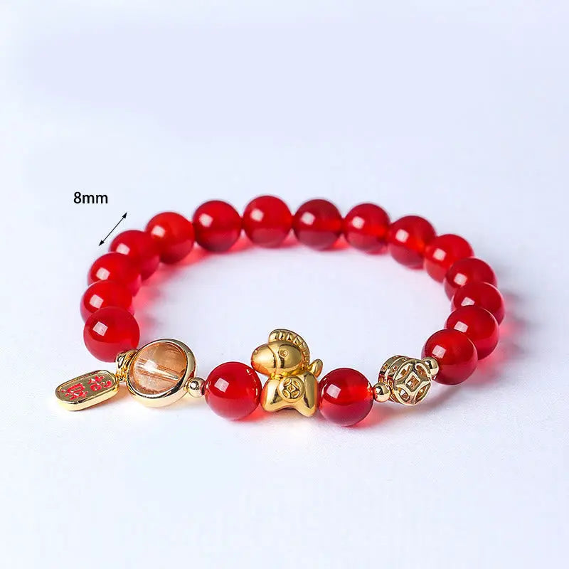 Buddha Stones Year Of The Horse Natural 8mm Black Obsidian Red Agate Pink Crystal Strength Bracelet Fortune Jewel