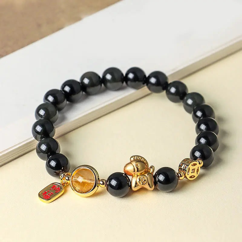 Buddha Stones Year Of The Horse Natural 8mm Black Obsidian Red Agate Pink Crystal Strength Bracelet Fortune Jewel