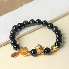 Buddha Stones Year Of The Horse Natural 8mm Black Obsidian Red Agate Pink Crystal Strength Bracelet Fortune Jewel