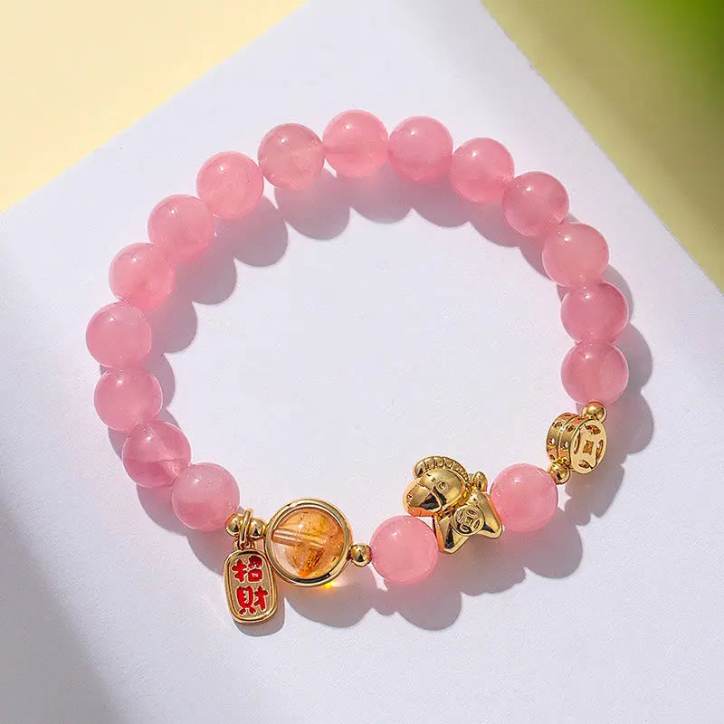 Buddha Stones Year Of The Horse Natural 8mm Black Obsidian Red Agate Pink Crystal Strength Bracelet Fortune Jewel