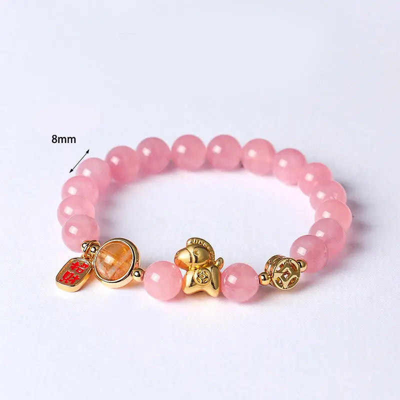 Buddha Stones Year Of The Horse Natural 8mm Black Obsidian Red Agate Pink Crystal Strength Bracelet Fortune Jewel