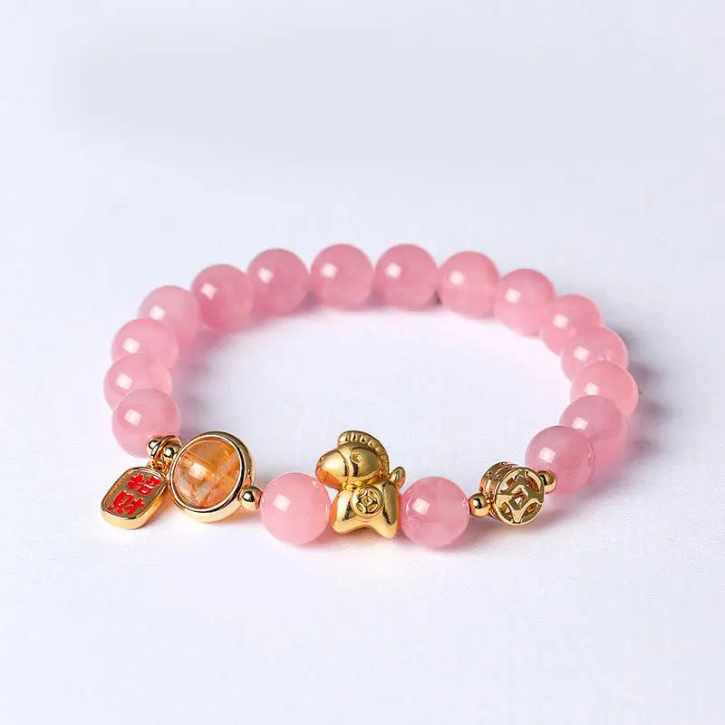 Buddha Stones Year Of The Horse Natural 8mm Black Obsidian Red Agate Pink Crystal Strength Bracelet Fortune Jewel