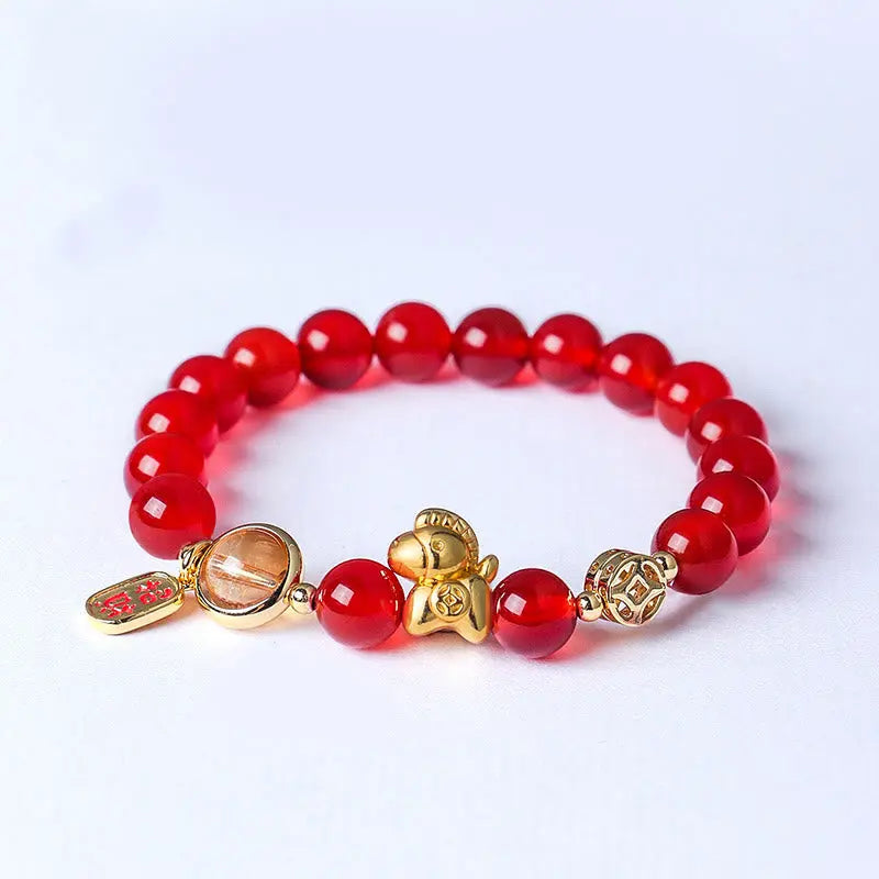 Buddha Stones Year Of The Horse Natural 8mm Black Obsidian Red Agate Pink Crystal Strength Bracelet Fortune Jewel