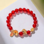 Buddha Stones Year Of The Horse Natural 8mm Black Obsidian Red Agate Pink Crystal Strength Bracelet Fortune Jewel