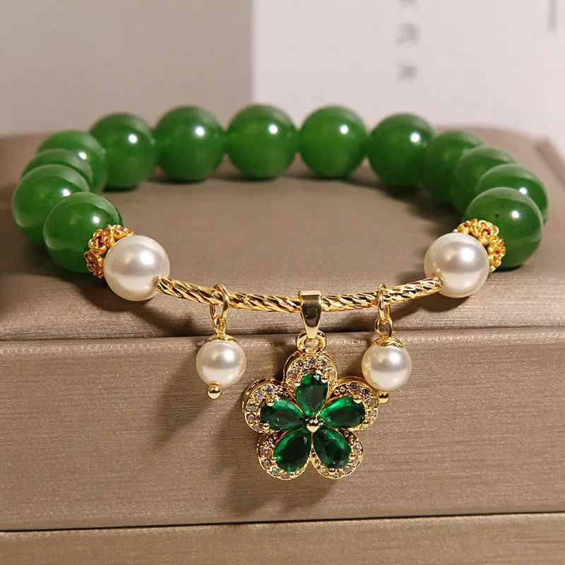 Fortune Jewel Green Jasper Pearl Flower Balance Bracelet Fortune Jewel