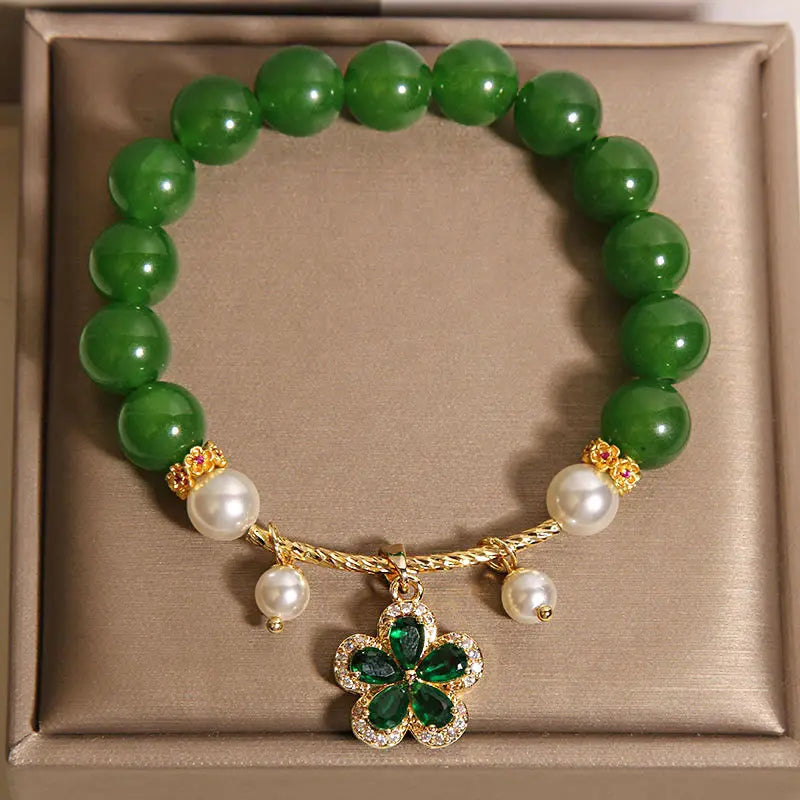 Fortune Jewel Green Jasper Pearl Flower Balance Bracelet Fortune Jewel