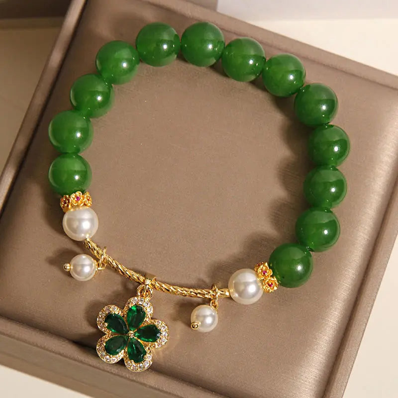 Fortune Jewel Green Jasper Pearl Flower Balance Bracelet Fortune Jewel