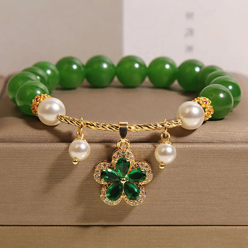 Fortune Jewel Green Jasper Pearl Flower Balance Bracelet Fortune Jewel