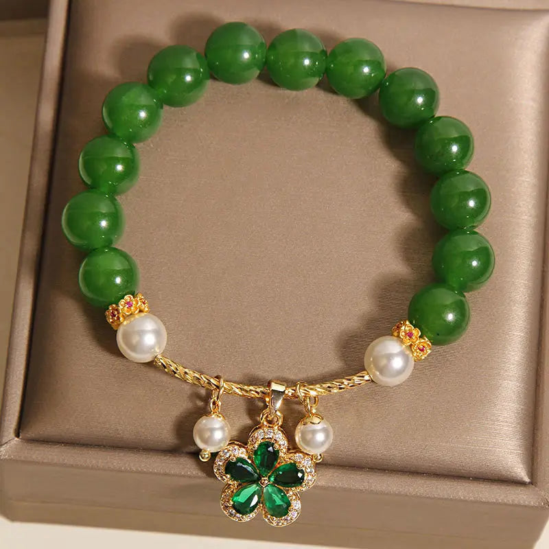 Fortune Jewel Green Jasper Pearl Flower Balance Bracelet Fortune Jewel