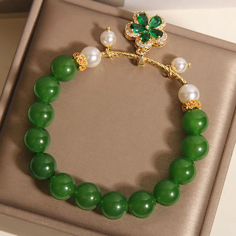 Fortune Jewel Green Jasper Pearl Flower Balance Bracelet Fortune Jewel