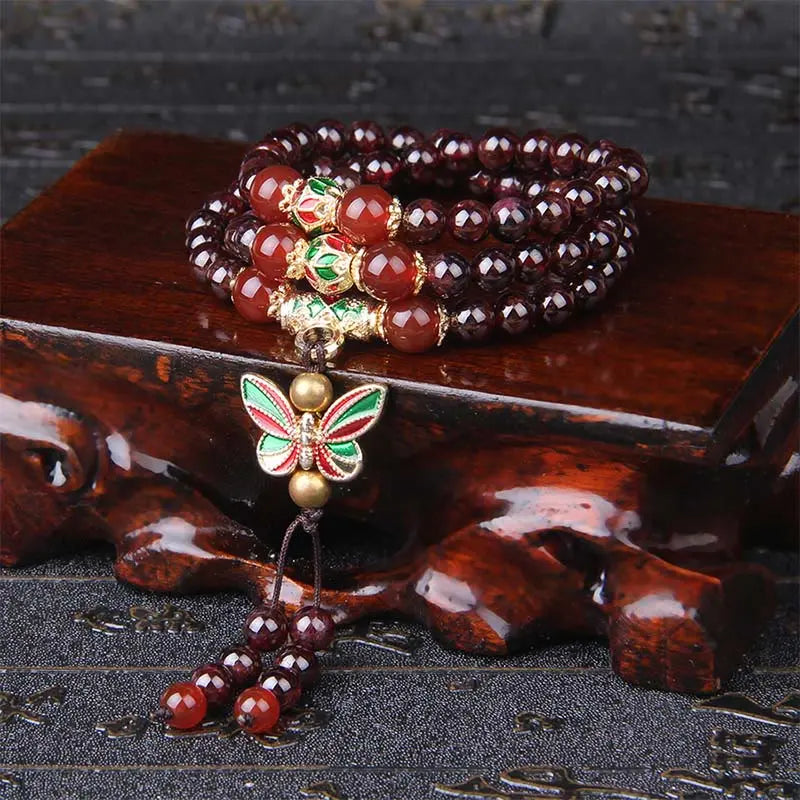 Fortune Jewel Natural Garnet Red Agate Colorful Butterfly Purification Calm Multi-layer Bracelet Fortune Jewel