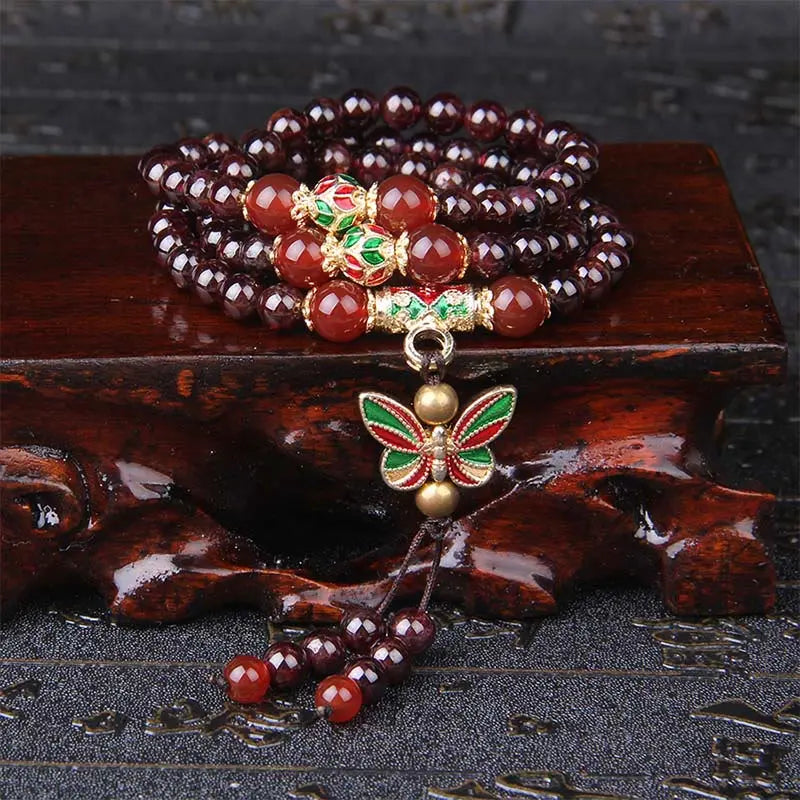 Fortune Jewel Natural Garnet Red Agate Colorful Butterfly Purification Calm Multi-layer Bracelet Fortune Jewel