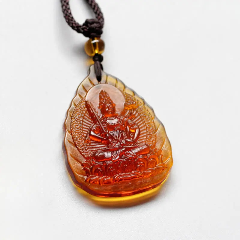Fortune Jewel Liuli Crystal Chinese Zodiac Natal Buddha Protection Leaf Shape Necklace Pendant Fortune Jewel