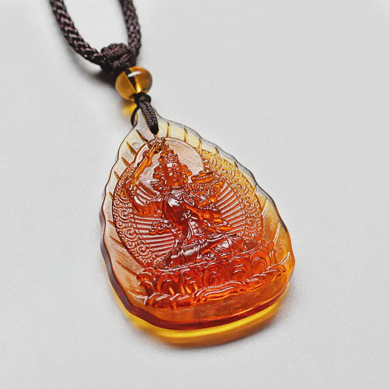 Fortune Jewel Liuli Crystal Chinese Zodiac Natal Buddha Protection Leaf Shape Necklace Pendant Fortune Jewel