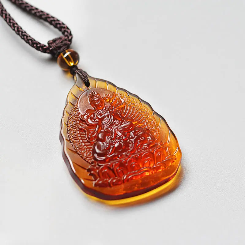 Fortune Jewel Liuli Crystal Chinese Zodiac Natal Buddha Protection Leaf Shape Necklace Pendant Fortune Jewel