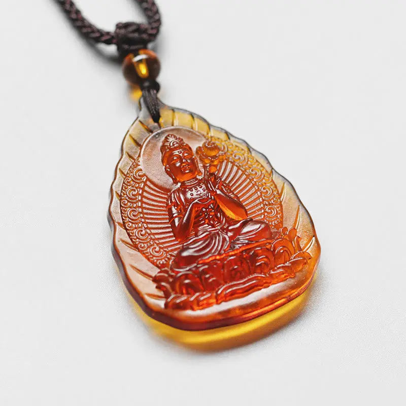 Fortune Jewel Liuli Crystal Chinese Zodiac Natal Buddha Protection Leaf Shape Necklace Pendant Fortune Jewel