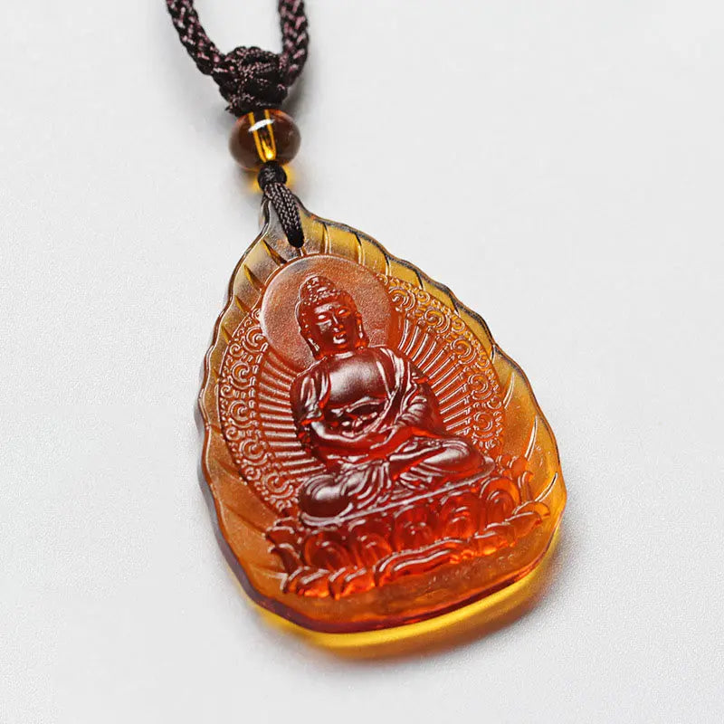Fortune Jewel Liuli Crystal Chinese Zodiac Natal Buddha Protection Leaf Shape Necklace Pendant Fortune Jewel