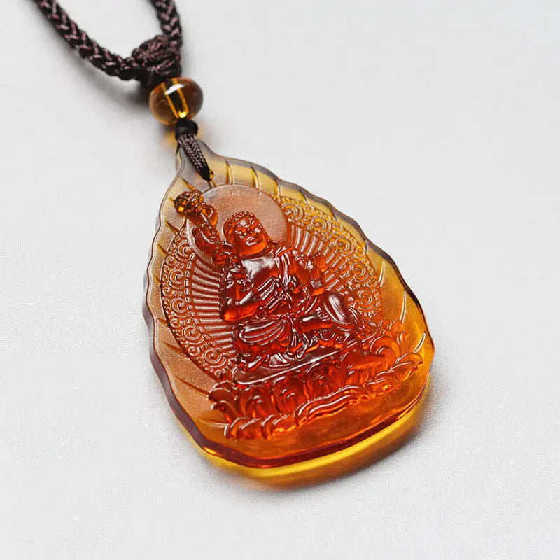 Fortune Jewel Liuli Crystal Chinese Zodiac Natal Buddha Protection Leaf Shape Necklace Pendant Fortune Jewel