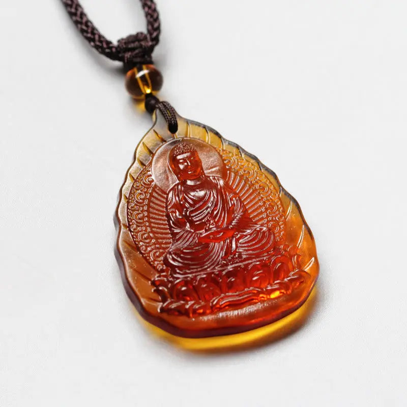 Fortune Jewel Liuli Crystal Chinese Zodiac Natal Buddha Protection Leaf Shape Necklace Pendant Fortune Jewel
